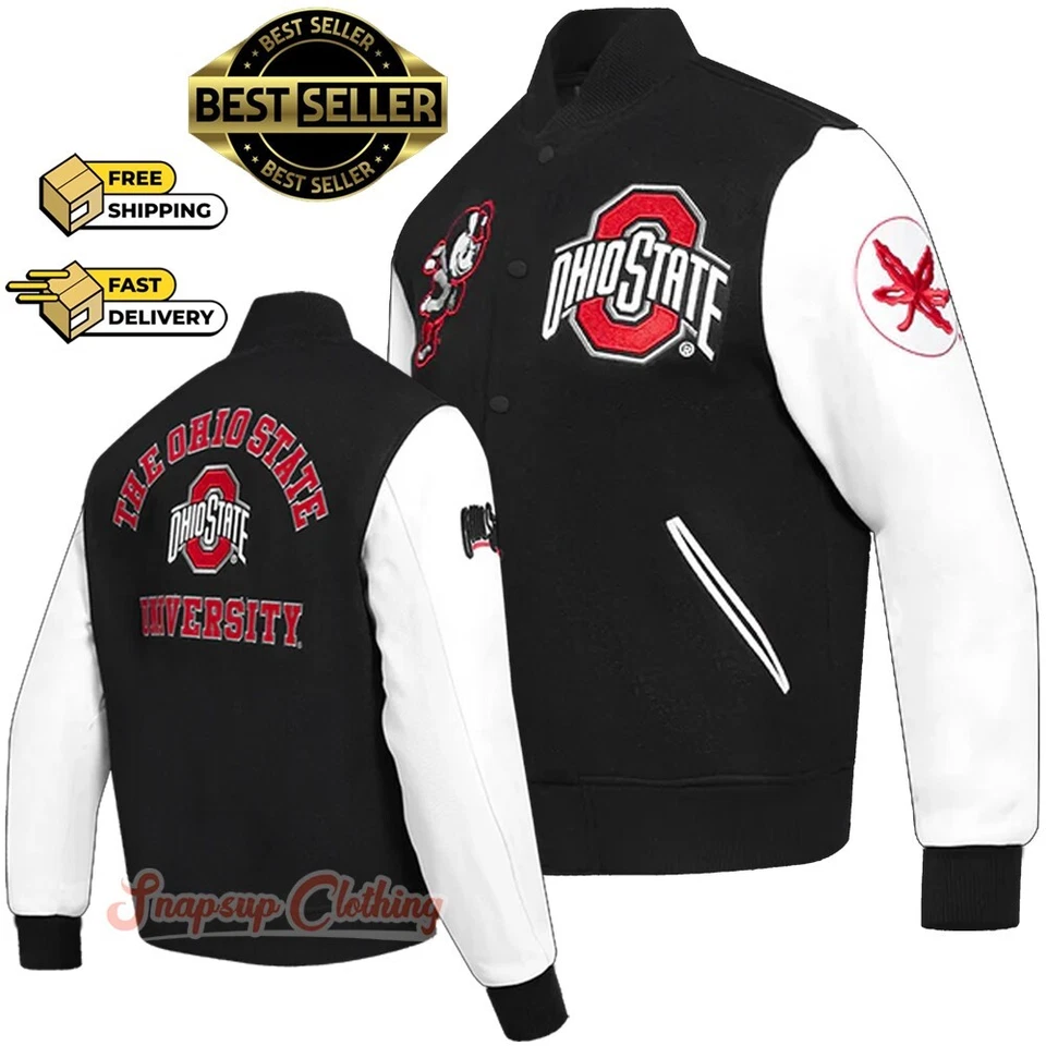 Ohio State Buckeyes Men University Black/White Wool Leather Varsity Jacket 2025 - Image 4 of 4