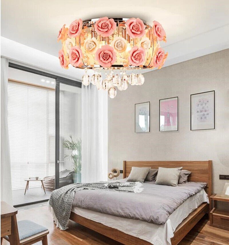 Romantic Crystal Chandelier Ceramic Rose Flower Pendant Lamp 5-Lights Fixtures - Image 3 of 4