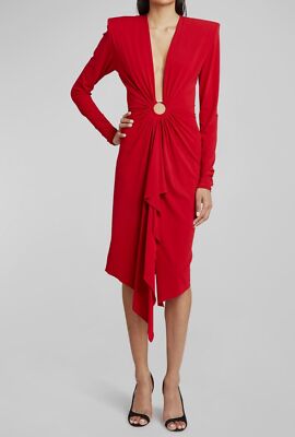 alexandre vauthier red dress $3130 Alexandre Vauthier Women's Red Plunging Embellished O-Ring Dress Size  40