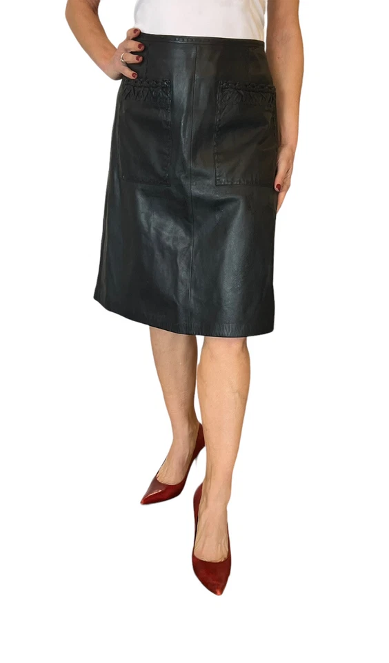 FALDA MUJER ELIE TAHARI CUERO NEGRO BOLSILLOS PUNTO LÁTIGO LÍNEA UNA $498 TALLA 8 Foto 3 de 4