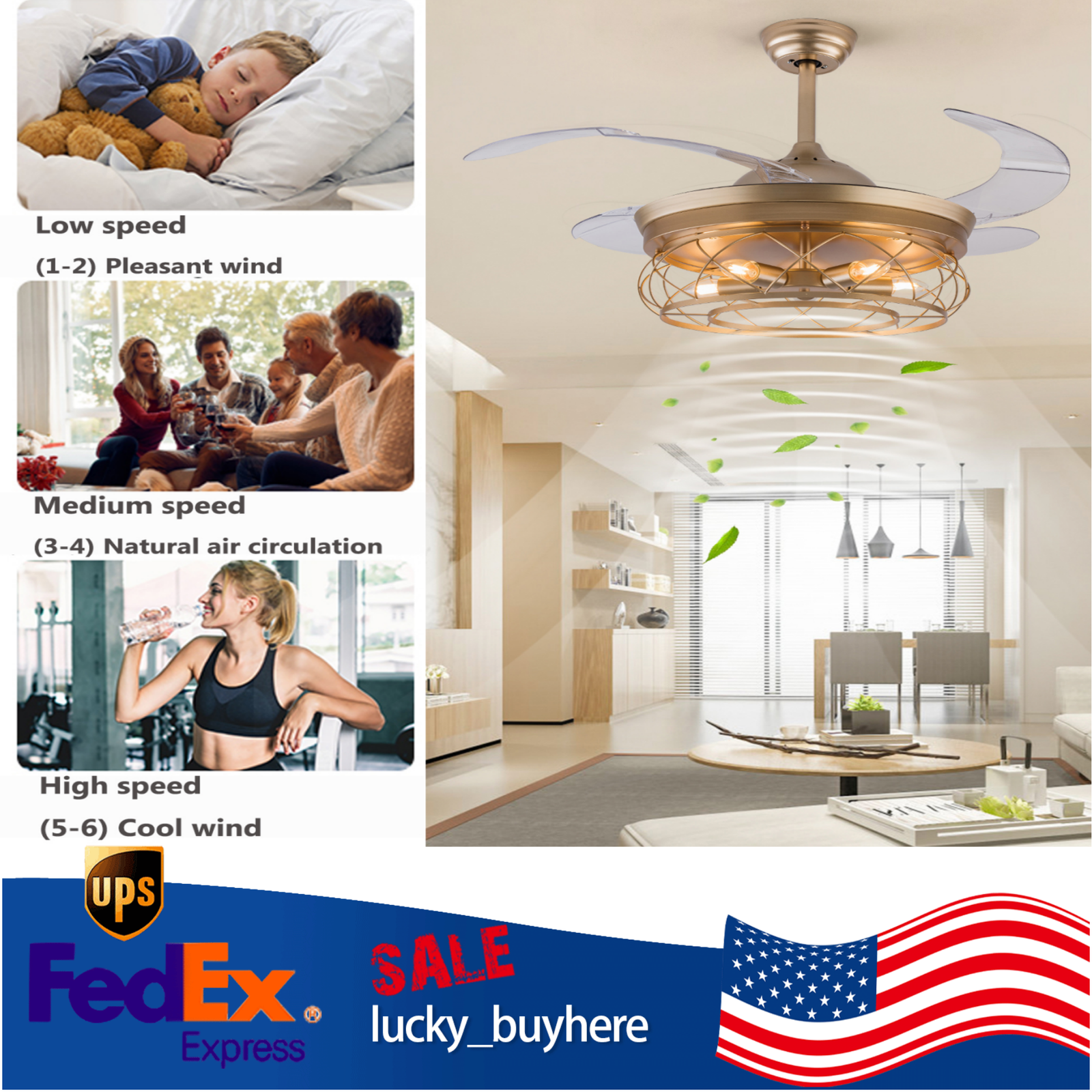 42-Inch Retractable Caged Ceiling Fan with Light, 6-Speed Remote Control Chandelier