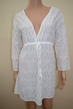 New M S Collection White Pure Cotton Broderie Chevron Kaftan Cover Up Sz UK 12