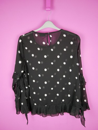 VINTAGE 90s 2000s Y2K Pattern Black White Spot Polka Dot Blouse Top Medium 12 14 - Picture 11 of 13