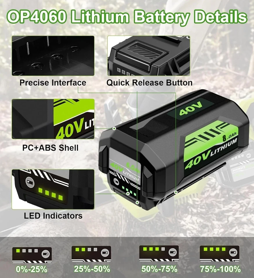 8.0Ah Battery 40 Volt for Ryobi 40V Lithium OP40602 Battery with LED / Charger - Image 4 of 4