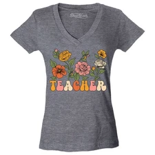Teacher Flowers Women's V-Neck Shirt Retro Vintage Aesthetic Tee