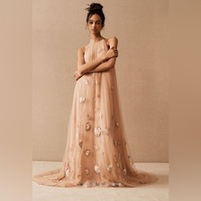 Anthropologie BHLDN Cordelia Embroidery Beige Pink Maxi Dress Gown Sz 4