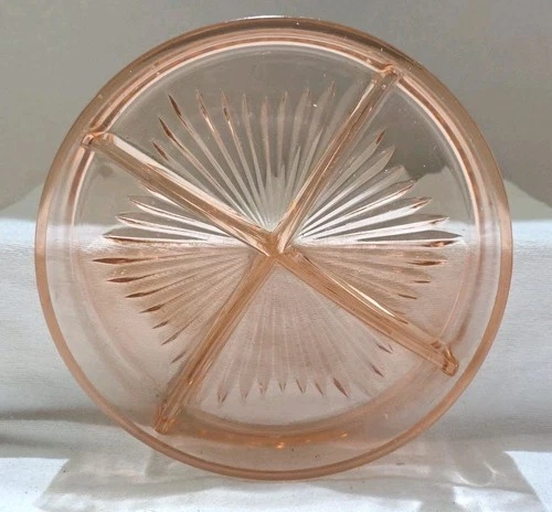 Vintage Pink Depression Glass 6.25” Round Divided Dish 3 Section Nuts Candy