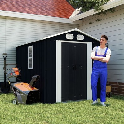 8x6 FT Outdoor Storage Shed Metal Tool Shed with Windows & Lockable Doors Patio