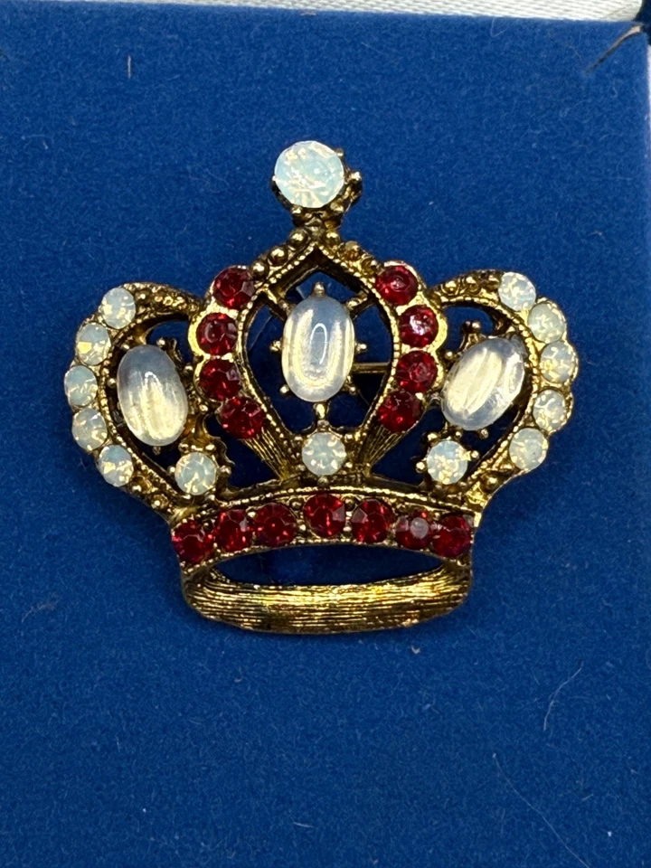 Vintage Crown Brooch Gold Tone Faux Moonstone Red Rhinestone - Image 2 of 4