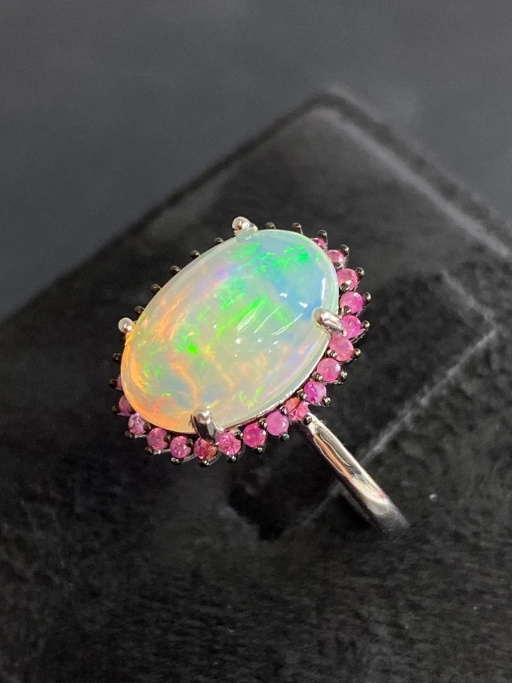 NATURAL FIRE OPAL 14X10 RUBY DIAMOND CUT STERLING SILVER 925 RING - image 3 of 4