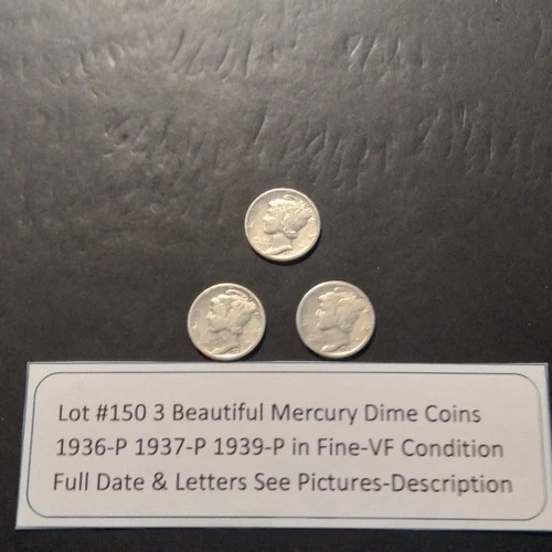 Lot #150 3 Beautiful US Mercury Dimes 1936-P 1937-P 1939-P F-VF See Pictures