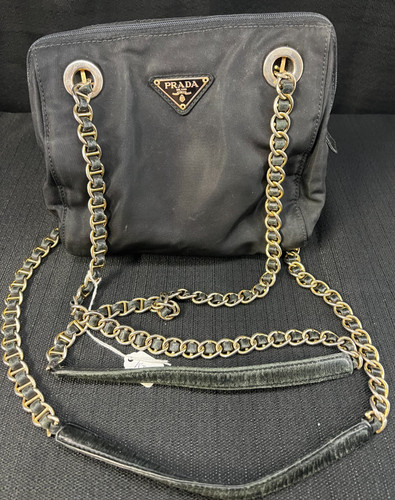 Vintage Prada Tessuto Catena Tote Black Shoulder Bag Chain Leather Strap Purse