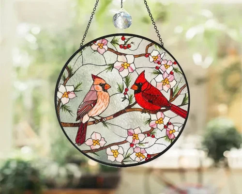 Cardinal Stained Glass Suncatcher Window Hanging, Bird Glass Art Memorial