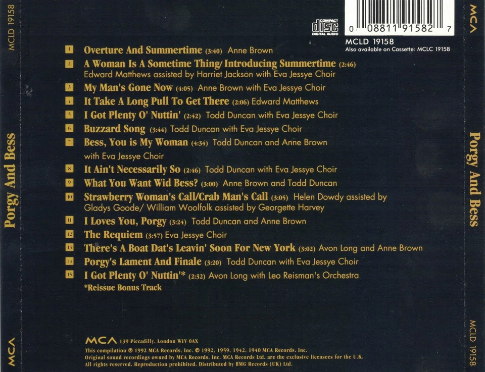 GEORGE GERSHWIN'S PORGY AND BESS - 15 TRACK CD - 1992 MCA RECORDS MCLD 19158 Foto 2 de 2