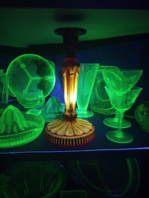 GlowUV Reactive Red Pressed Glass Candlestick Vintage 9'' Bayel Style Louis XV