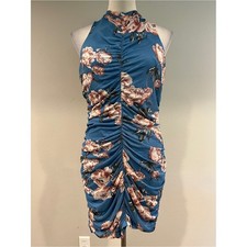 Blue Floral Ruched Halter mini Dress size large/extra large