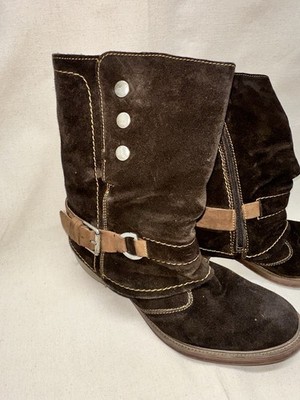Josef Seibel Y2K Brown Suede Ankle Boots Harness Button Moto Sz 40
