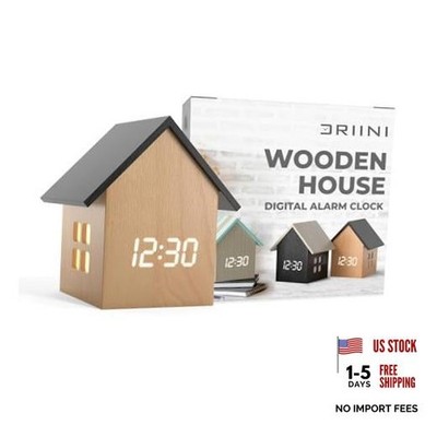 Digital House-Shaped Alarm Clock with Temperature Small Light Wood; Black Roof