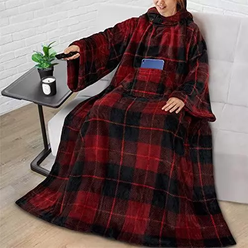 PAVILIA Premium Fleece Blanket with Sleeves for Women Men Adult