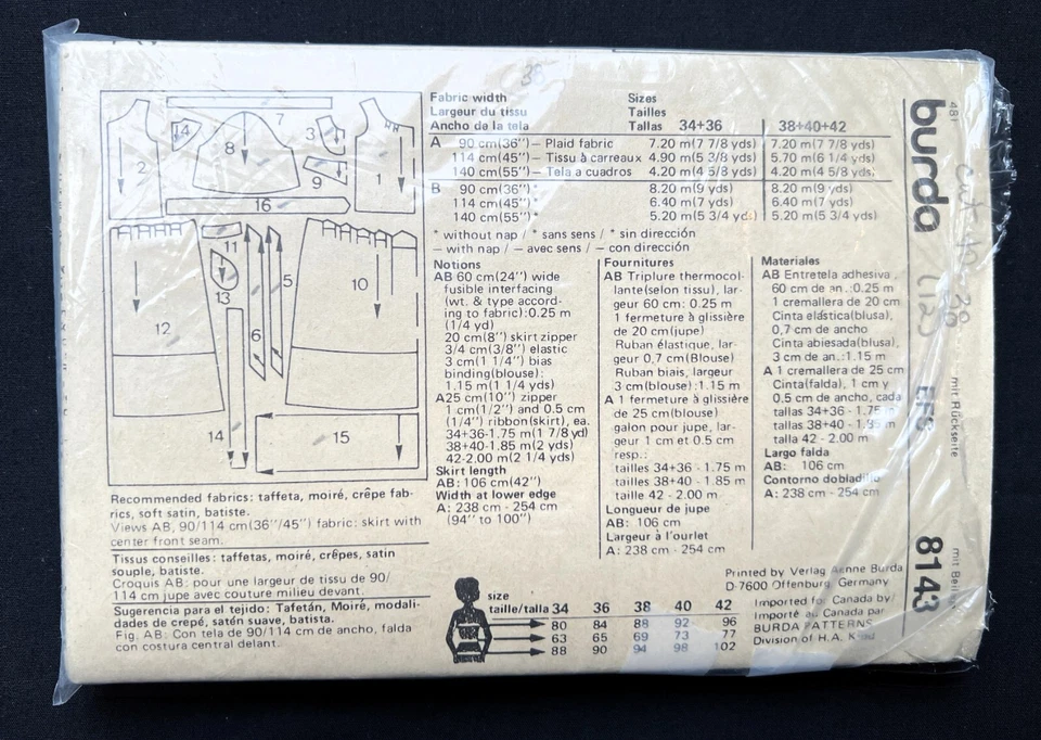 Burda 8143 Misses Skirt & Blouse (2 Styles) 1981 Pattern size 8-12 (Cut to 12) - Image 2 of 2