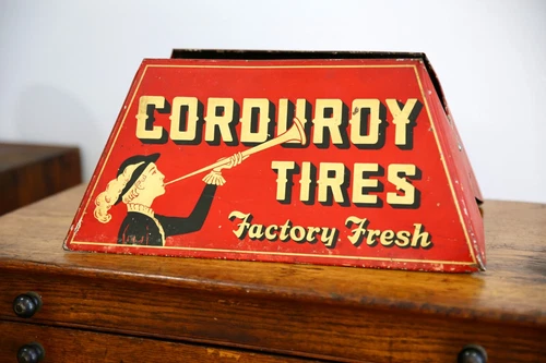 Vintage Corduroy Tire Display Stand Service Station Metal Sign RARE gas oil red