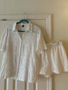 White Eyelet Collared Neck Short Sleeve Top and Shorts Set ~ Size XL (12)