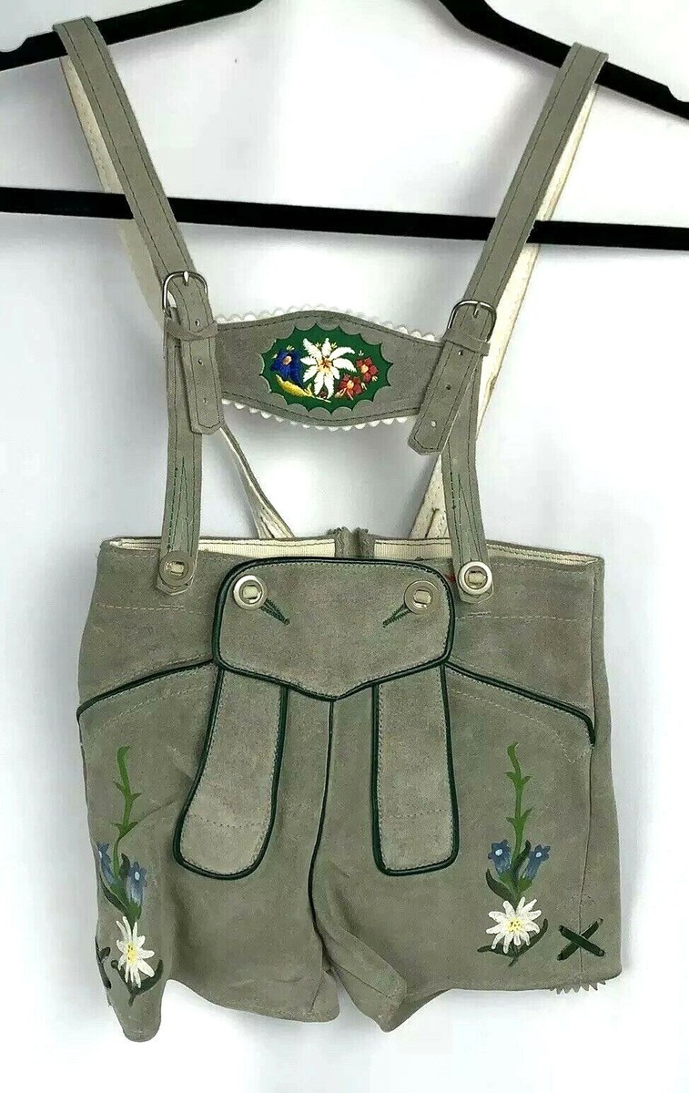 VTG Kids Lederhosen LEATHER Floral HAND PAINTED Shorts Overalls Sz