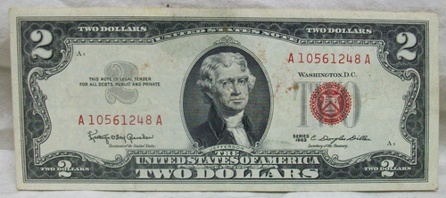 1963 Two Dollar Bill Red Ink Seal "A 10561248 A" $2.00 Bank Note Currency VG+