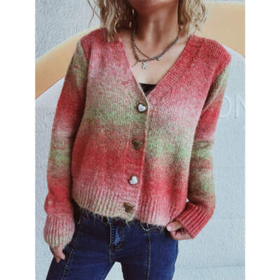 Gradient Heart Shape Button V-Neck Cardigan