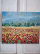 Olio Su Tela Anonimo "Montagna Al CHAMP Di Papavero" Scuola Francese XX Secolo