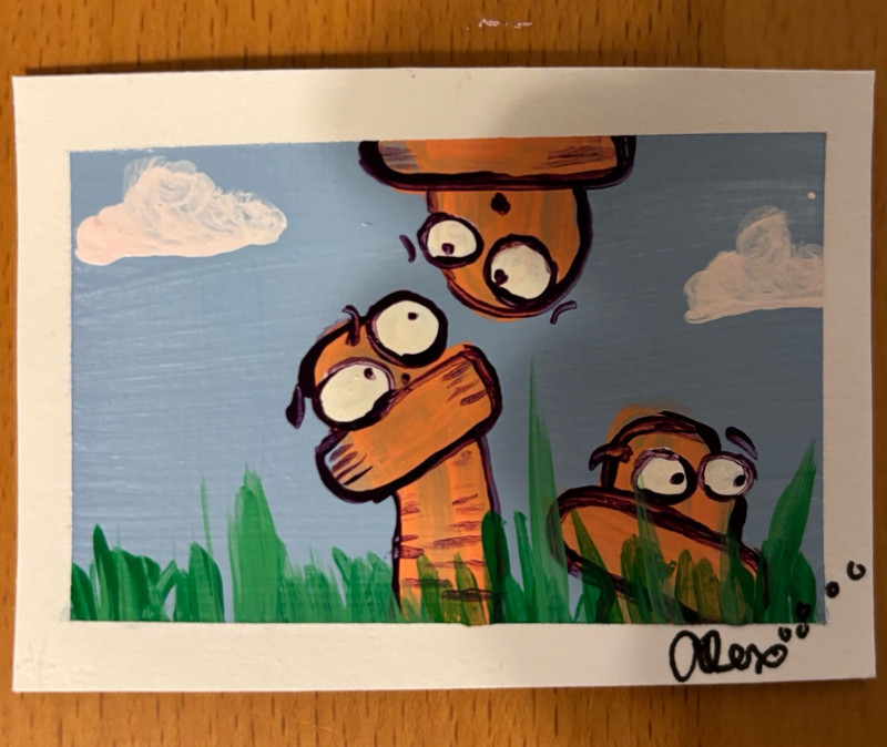 ACEO Signed Original painting "Group Photo, Brain Worms" Unframed