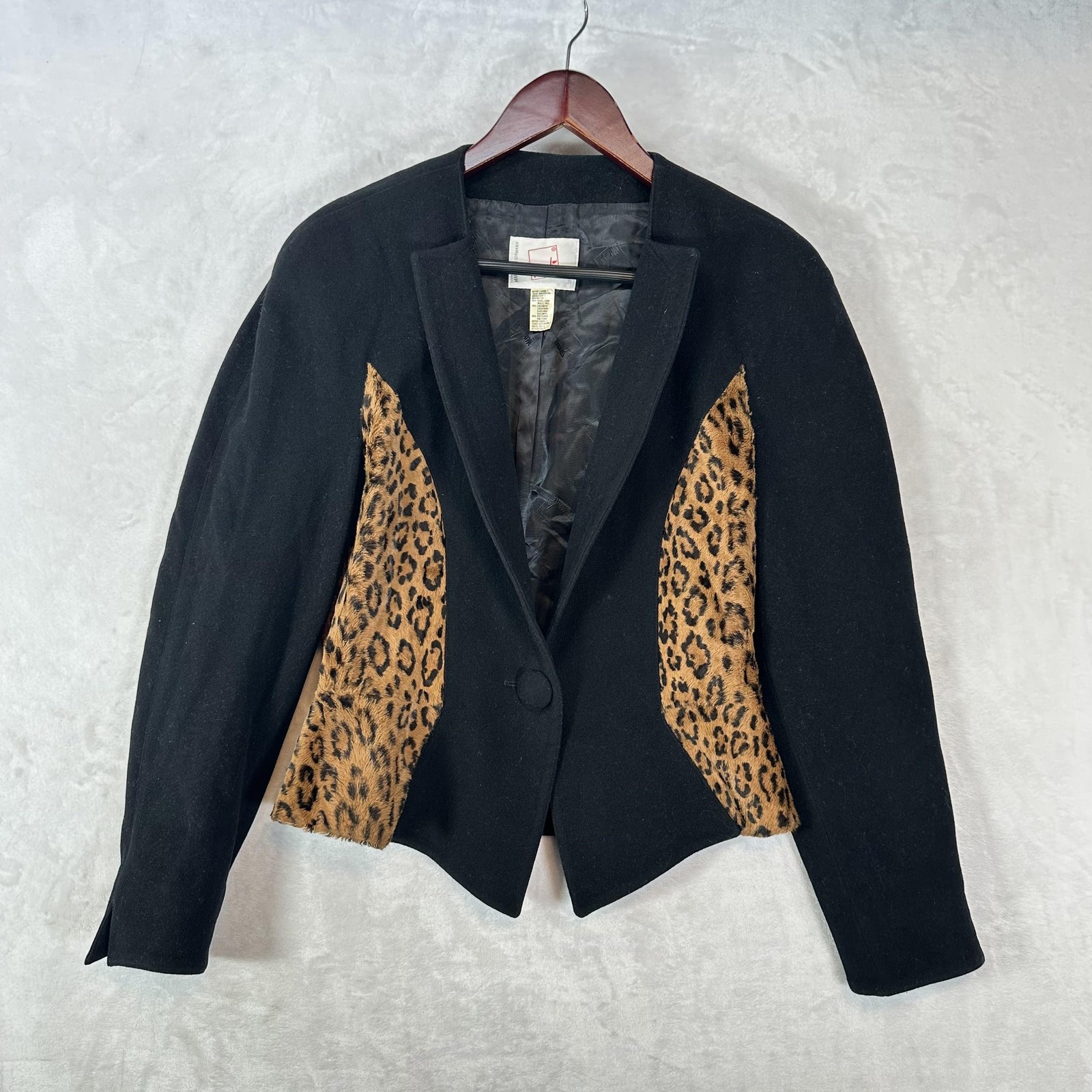 Vintage Mondi Jacket Womens 38 Black Wool Leopard Animal Print Fur Trim Blazer