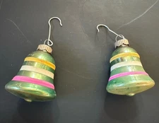 2 Shiny Brite Tornado Bell Christmas Ornaments Striped 2” Vintage MCM  Mercury