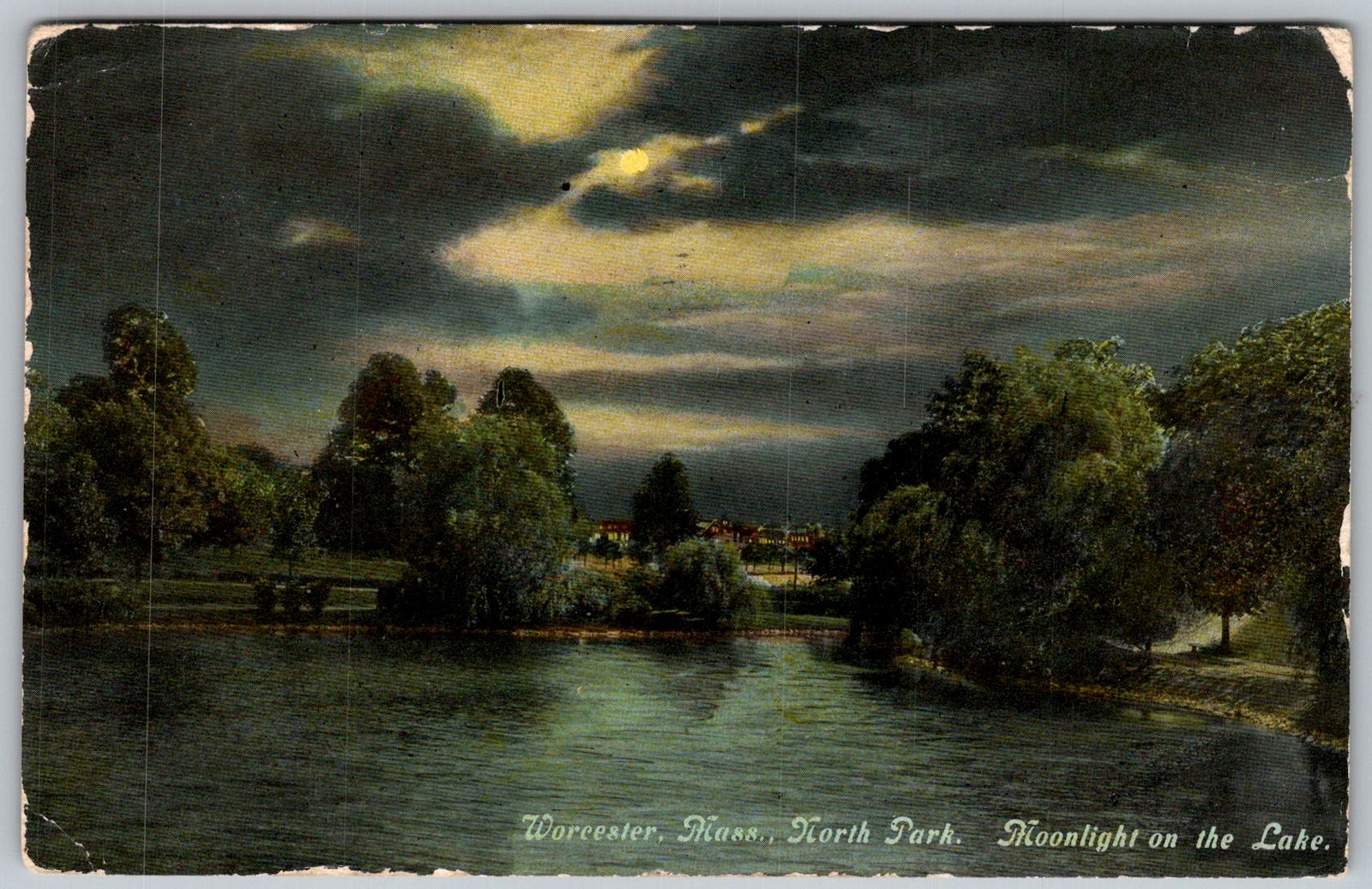 Antique Postcard Moonlight The Lake Worcester, MA 1910s