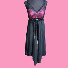 Vtg Sheer Chiffon Nightgown Black Pink Lace Trim Coquette Frilly See Thru