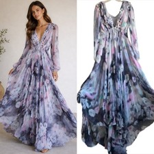 Vtg Handmade M Maxi Gown Womens Grey Pink Floral Good 3D Floral Applique V-Neck