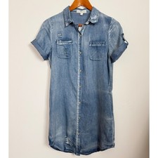 Distressed Chambray Shirt Dress Button Front Utility Denim Look Size S NWT