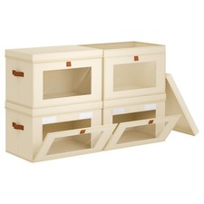 4-Pack XL Beige Collapsible Storage Bins w/ Lids, Front Opening, Stackable