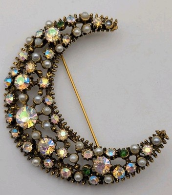 Vintage Big Crescent Moon Brooch Pin AB Gold Tone