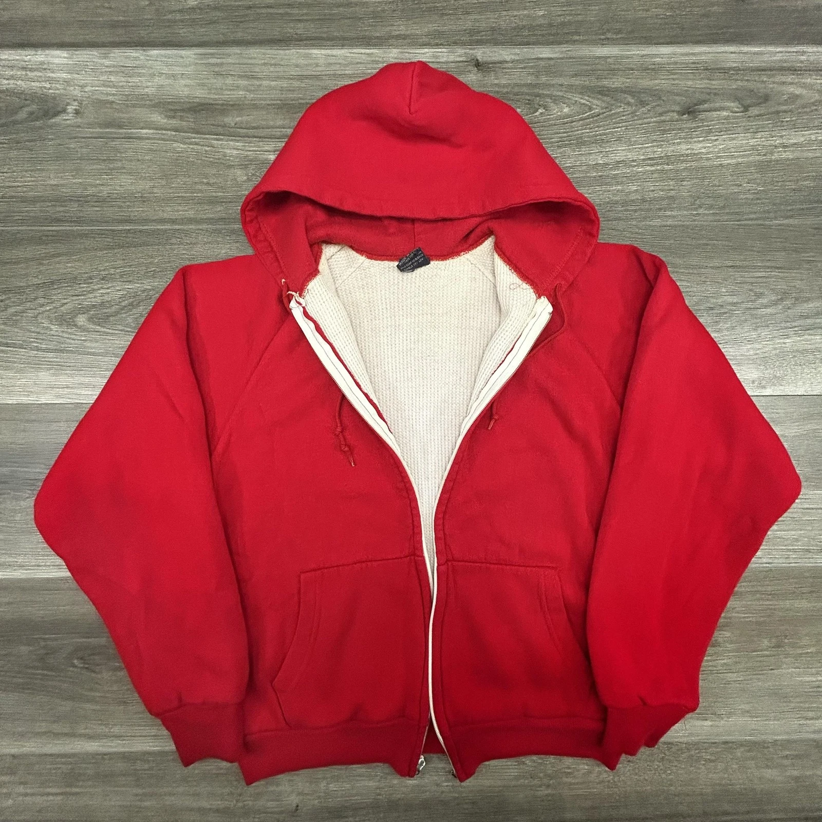Vintage Hoodie Mens Small Cherry Red Thermal Full Zip 80s RARE NO ZIP
Opens in a new window or tab
