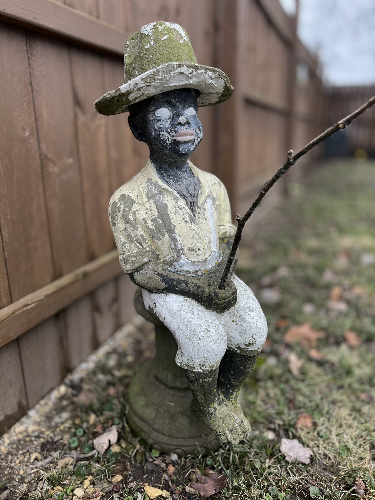 Antique Concrete Fishing Boy Statue With Base. African American eBay