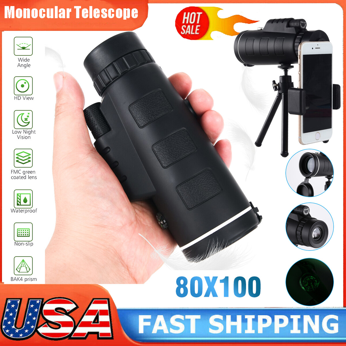 80x100 Day / Night Vision Zoom HD Monocular Starscope Monocular Telescope BAK4