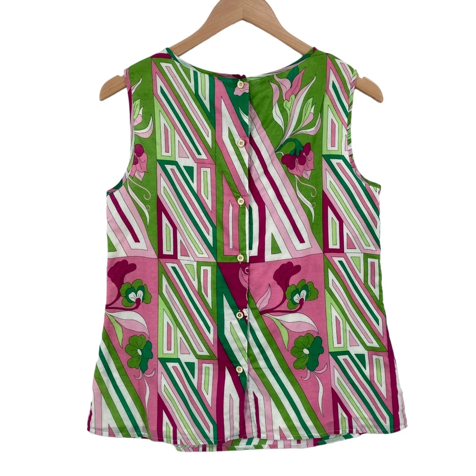 Talbots Tank Top Womens Petite 10P Multicolor Geo Print 100% Cotton Button Back - Image 2 of 4