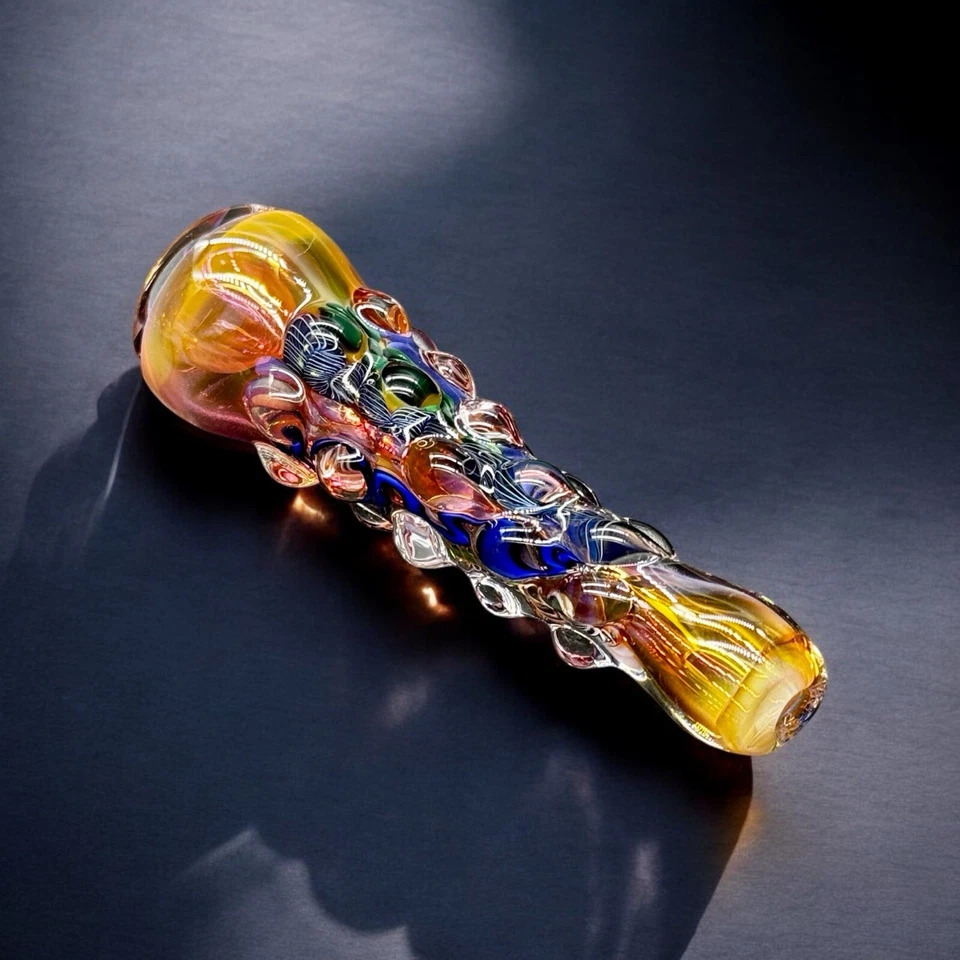 Gold Fumed Hand Blown Glass Chillum Pipe – USA Made, Colorful Dot Work, 3.5” - Image 3 of 4