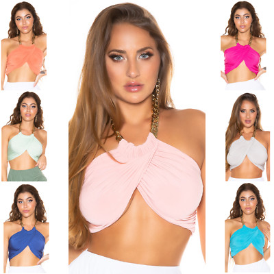 Sexy Sommer Top kurz Damen Crop asymmetrisch Kette Gold Neu