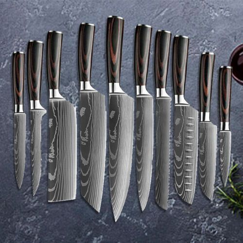 Japanese Kitchen Knife Set Stainless Steel Damascus Pattern Cleaver Chef Knives - Picture 1 of 26