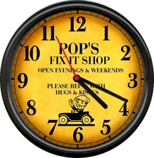 Pop's Repair Fix It Shop Garage Service Center Auto Garage Retro Sign Wall Clock