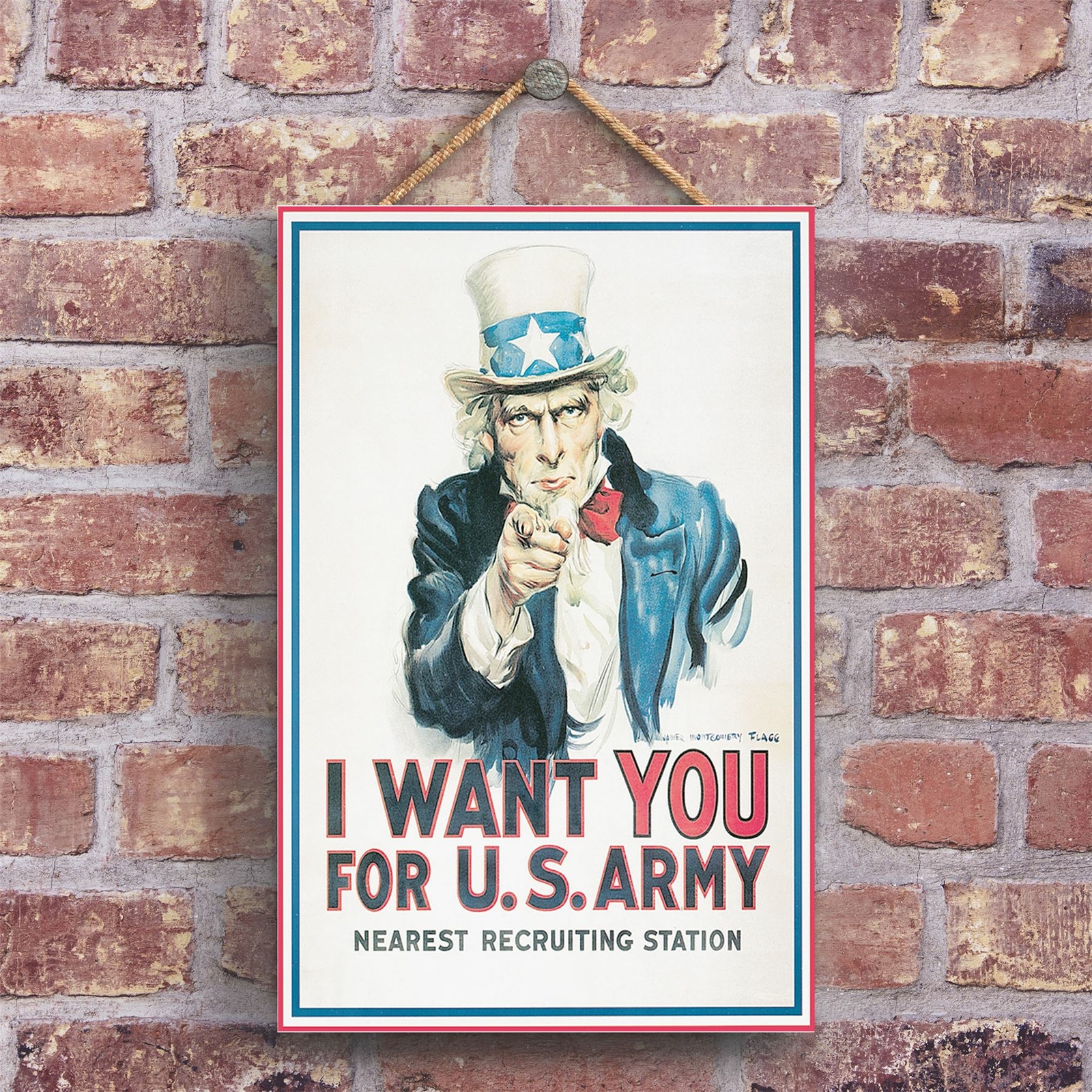 A CLASSIC AMERICAN ARMY 'I WANT YOU FOR U.S. ARMY' VINTAGE AD ON A PLAQUE
