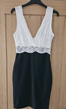 Womens Size 8 Lipsy Bodycon Dress White Lace Top Black Skirt With Ribbed Detail
