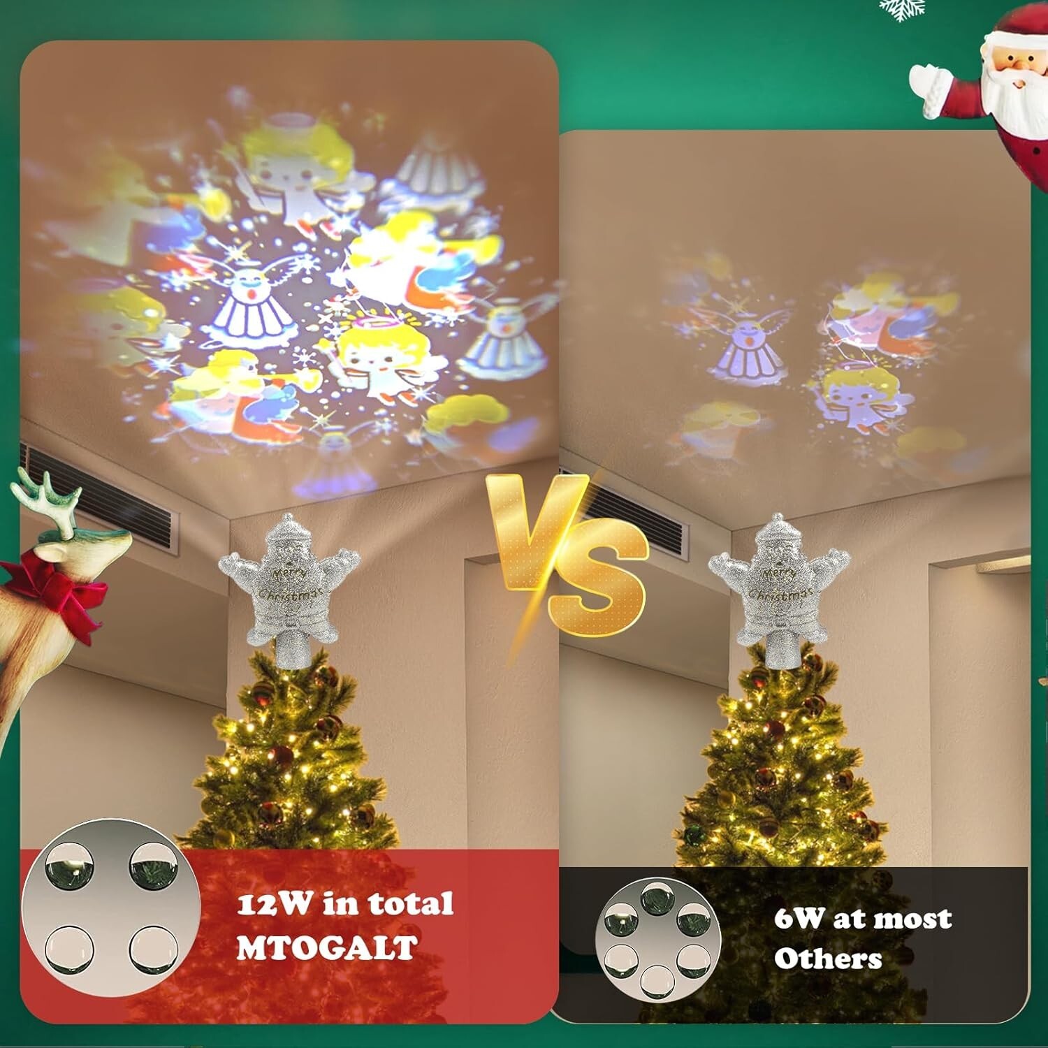 Christmas Tree Star Topper, Silver Santa Claus Tree Topper Projector, Snowflake